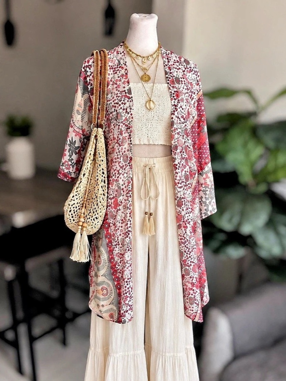 GIGIO USA Size S Floral Boho Kimono Ruched Drawstring Tassel Cover Up